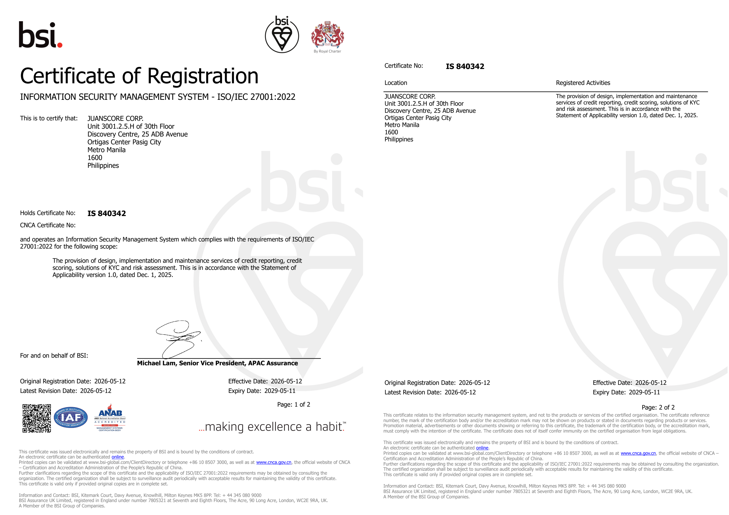 ISO 27001 Certificate for JuanScore